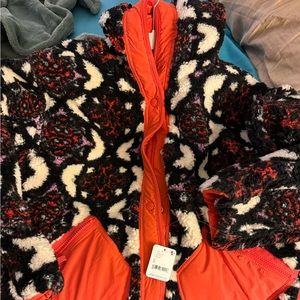 Free people fleece movement jacket coat orange new size small oversized